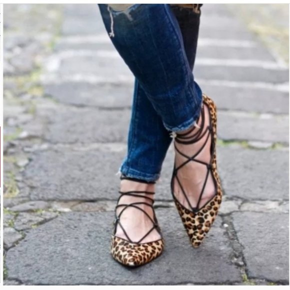 Zara Lace-up Pointed-toe Cheetah Print Flats - Picture 1 of 8